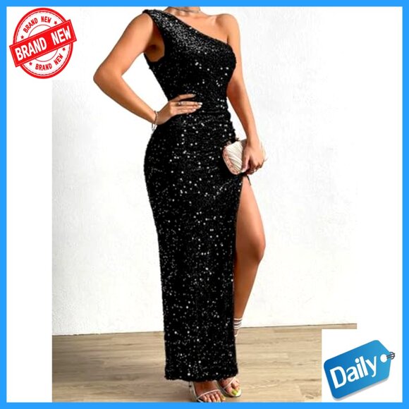 Sequin One Shoulder Bodycon Maxi Dress Elegant Formal Evening Party Gown - Picture 3 of 6